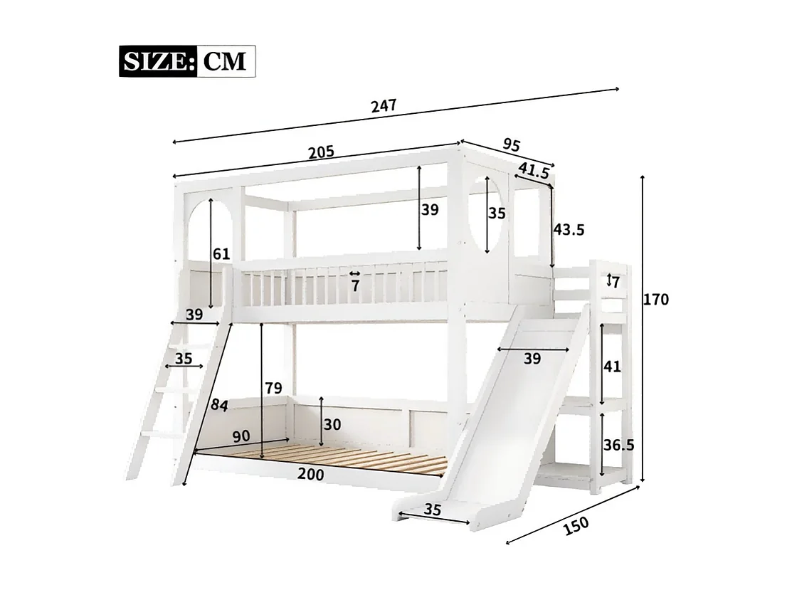 Koje -Kinderbetten 2 x 90 x 200 cm - Kabinenbett mit Rutschen - Kiefer - Maximallad 150 kg - Weiß
