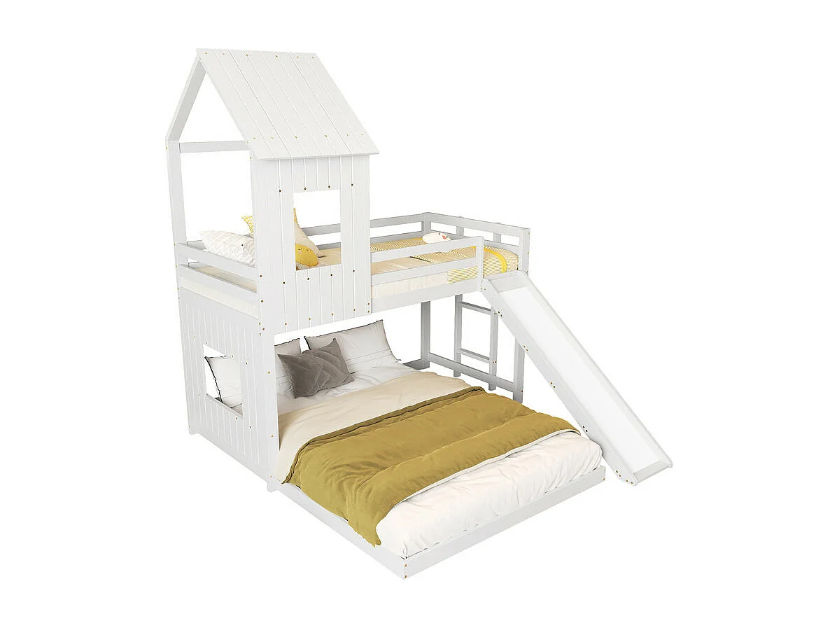 Lit superposé cabane pour enfant avec toboggan - 90x200cm et 140x200cm - Pin certifié FSC + MDF - Blanc