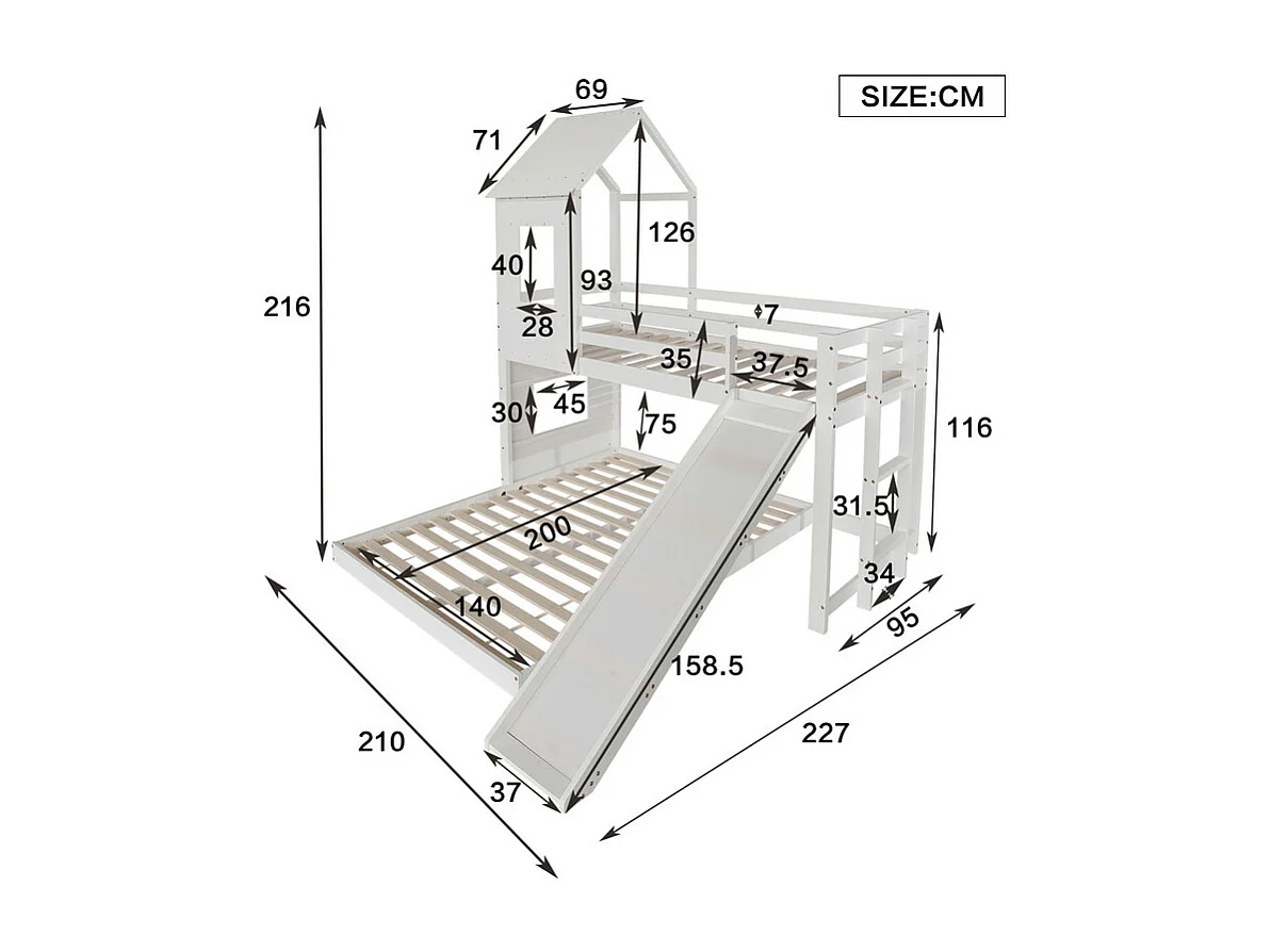 Lit superposé cabane pour enfant avec toboggan - 90x200cm et 140x200cm - Pin certifié FSC + MDF - Blanc