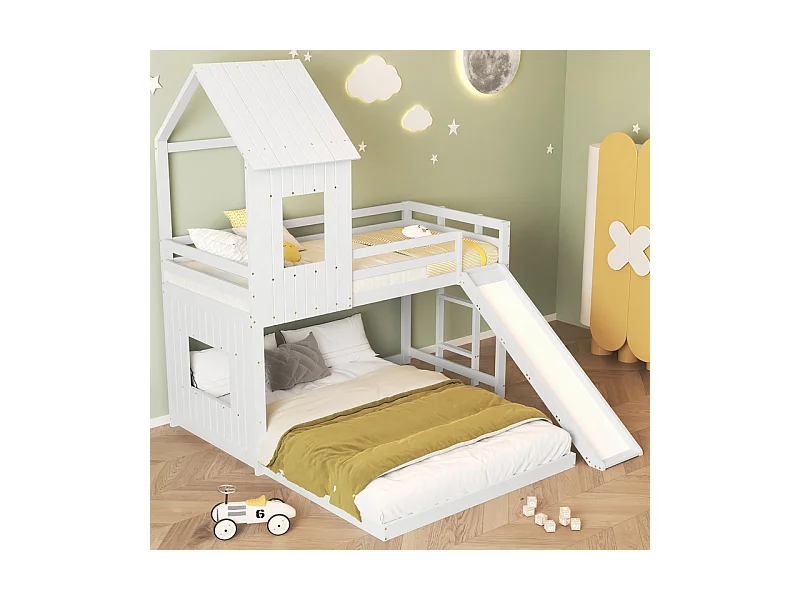 Lit superposé cabane pour enfant avec toboggan - 90x200cm et 140x200cm - Pin certifié FSC + MDF - Blanc