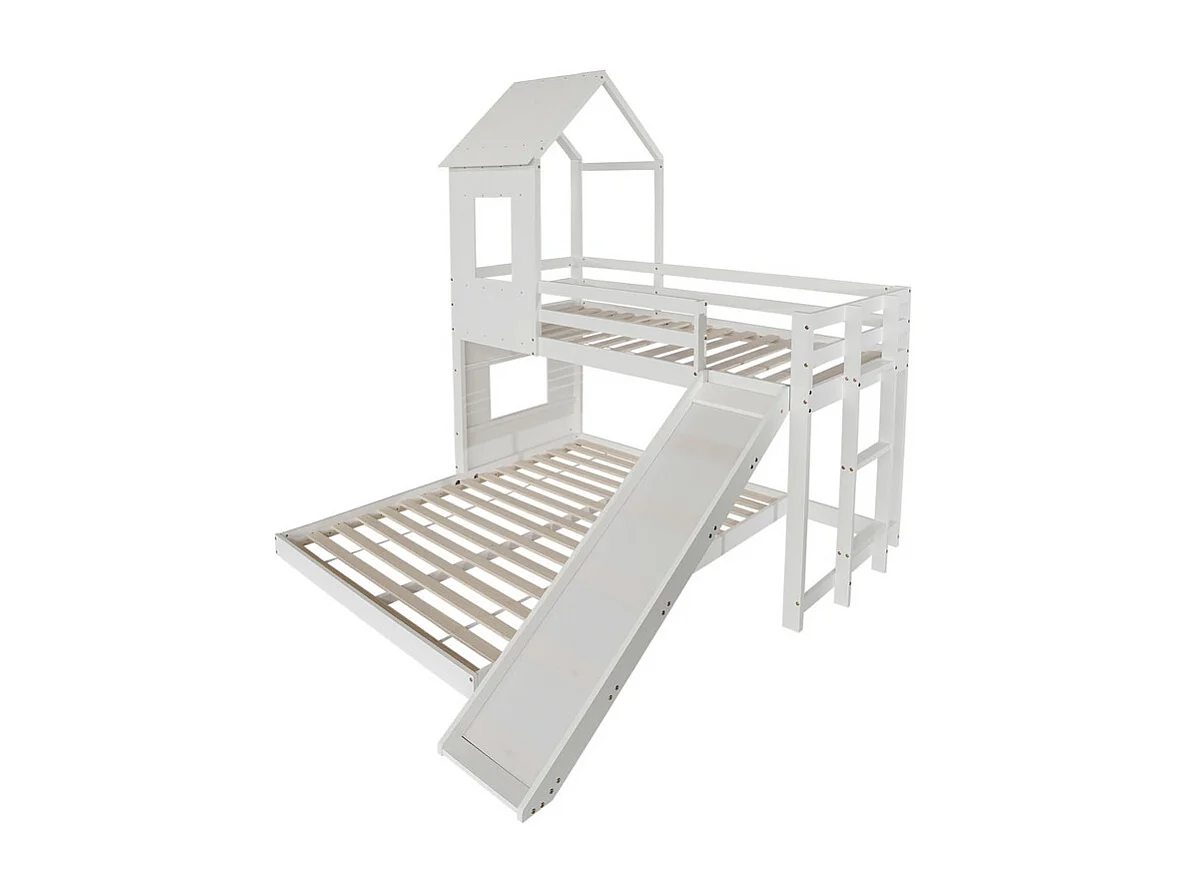Lit superposé cabane pour enfant avec toboggan - 90x200cm et 140x200cm - Pin certifié FSC + MDF - Blanc