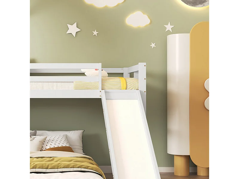 Lit superposé cabane pour enfant avec toboggan - 90x200cm et 140x200cm - Pin certifié FSC + MDF - Blanc