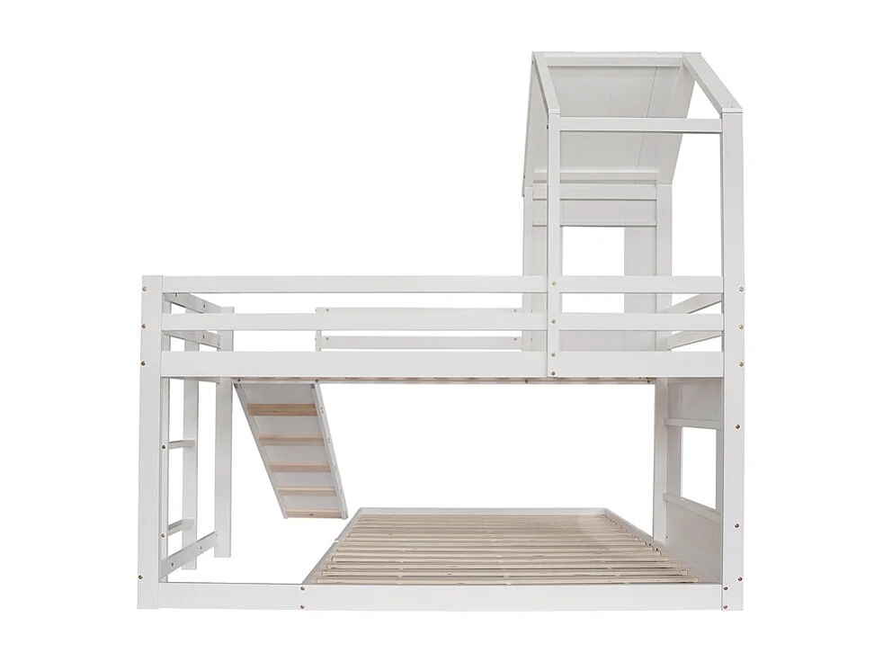 Lit superposé cabane pour enfant avec toboggan - 90x200cm et 140x200cm - Pin certifié FSC + MDF - Blanc