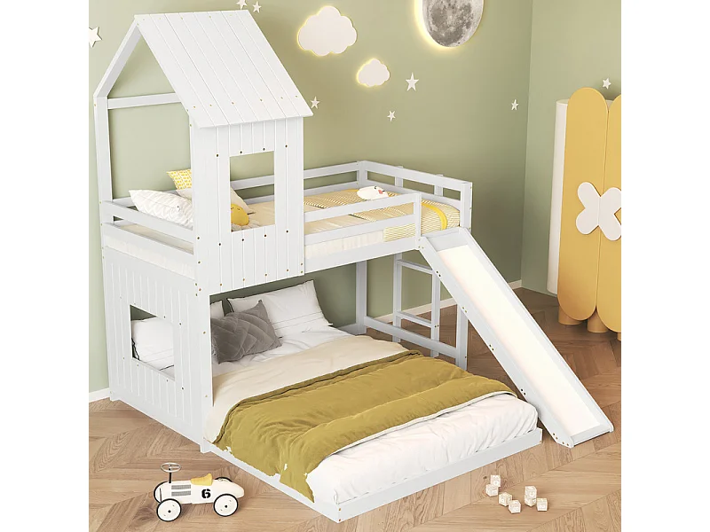 Lit superposé cabane pour enfant avec toboggan - 90x200cm et 140x200cm - Pin certifié FSC + MDF - Blanc