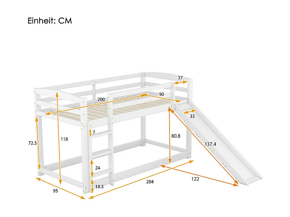 Lits superposés - 2 x 90 x 200 cm - lit enfant avec toboggan de gauche/droite - cadre en bois massif - Blanc