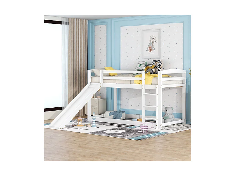 Lits superposés - 2 x 90 x 200 cm - lit enfant avec toboggan de gauche/droite - cadre en bois massif - Blanc