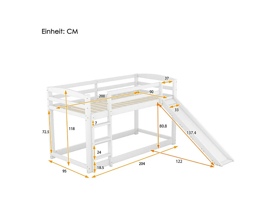 Lits superposés - 2 x 90 x 200 cm - lit enfant avec toboggan de gauche/droite - cadre en bois massif - Blanc