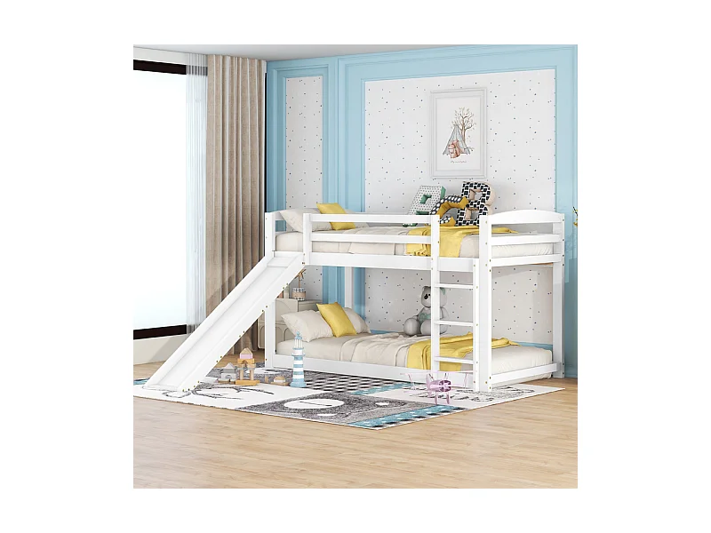 Lits superposés - 2 x 90 x 200 cm - lit enfant avec toboggan de gauche/droite - cadre en bois massif - Blanc