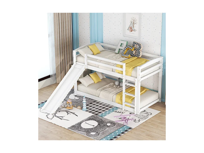 Lits superposés - 2 x 90 x 200 cm - lit enfant avec toboggan de gauche/droite - cadre en bois massif - Blanc
