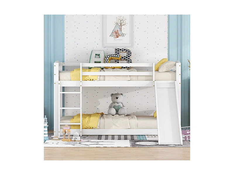 Lits superposés - 2 x 90 x 200 cm - lit enfant avec toboggan de gauche/droite - cadre en bois massif - Blanc