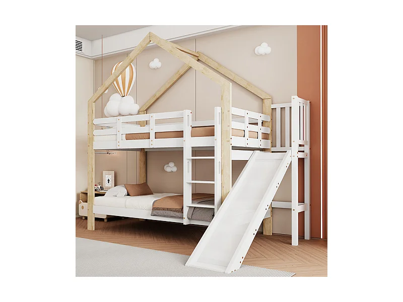 Bunkbedden 2x90x200cm met schuif - Cabin Bed - Massief houten bedframe - Wit+Natuurlijk