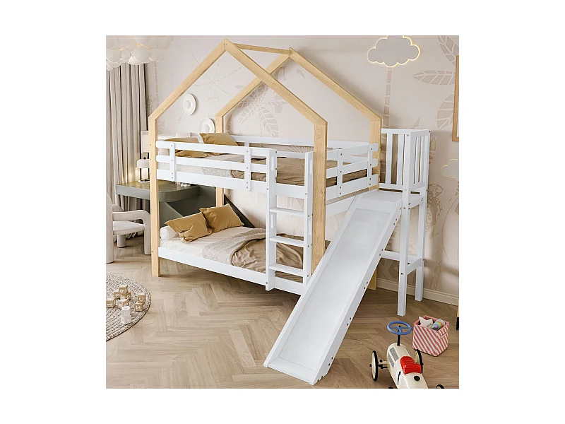 Bunkbedden 2x90x200cm met schuif - Cabin Bed - Massief houten bedframe - Wit+Natuurlijk