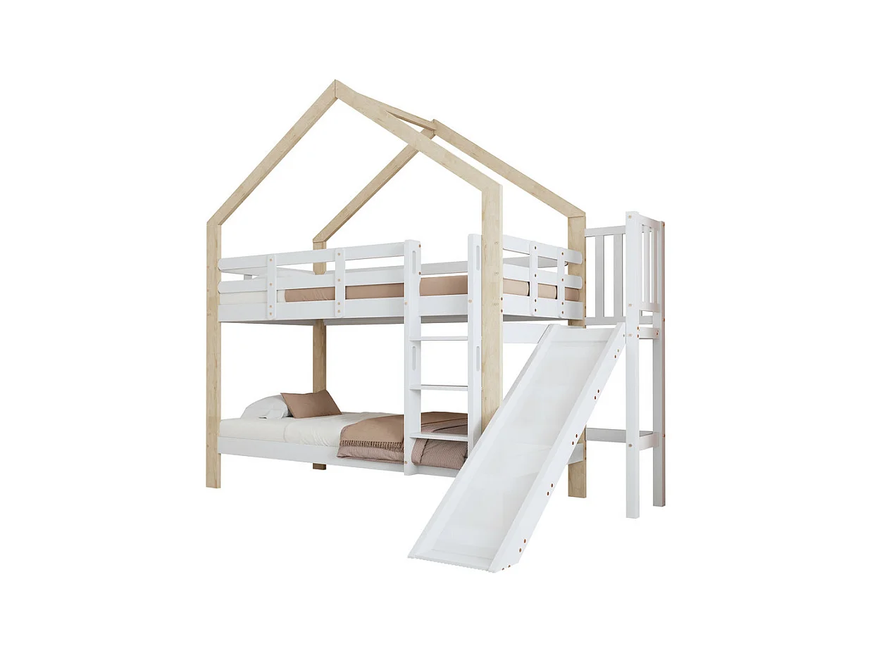 Lits Superposés 2x90x200cm avec toboggan - lit cabane - cadre de lit en bois massif - Blanc+Naturel
