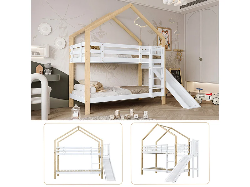 Lits Superposés 2x90x200cm avec toboggan - lit cabane - cadre de lit en bois massif - Blanc+Naturel