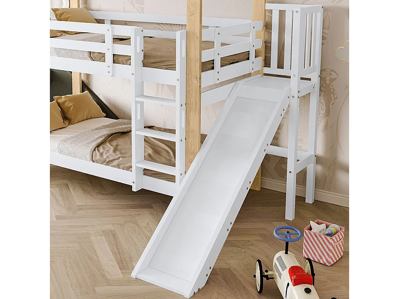 Lits Superposés 2x90x200cm avec toboggan - lit cabane - cadre de lit en bois massif - Blanc+Naturel