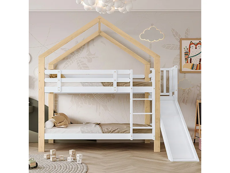 Lits Superposés 2x90x200cm avec toboggan - lit cabane - cadre de lit en bois massif - Blanc+Naturel