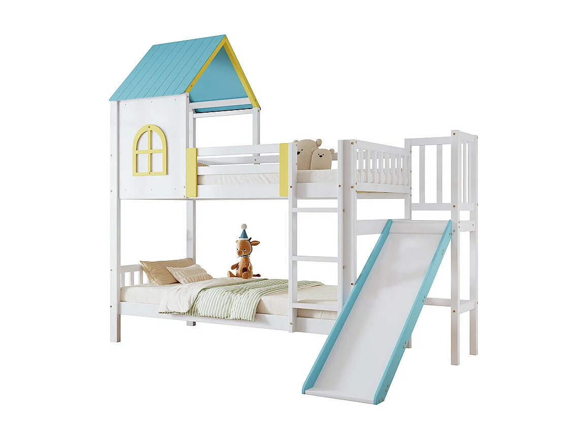 Cabina letti a castello 2 x 90 x 190 cm - con tetto e finestra, griglia, scala, scivolo - Pino e MDF - Bianco + Blu