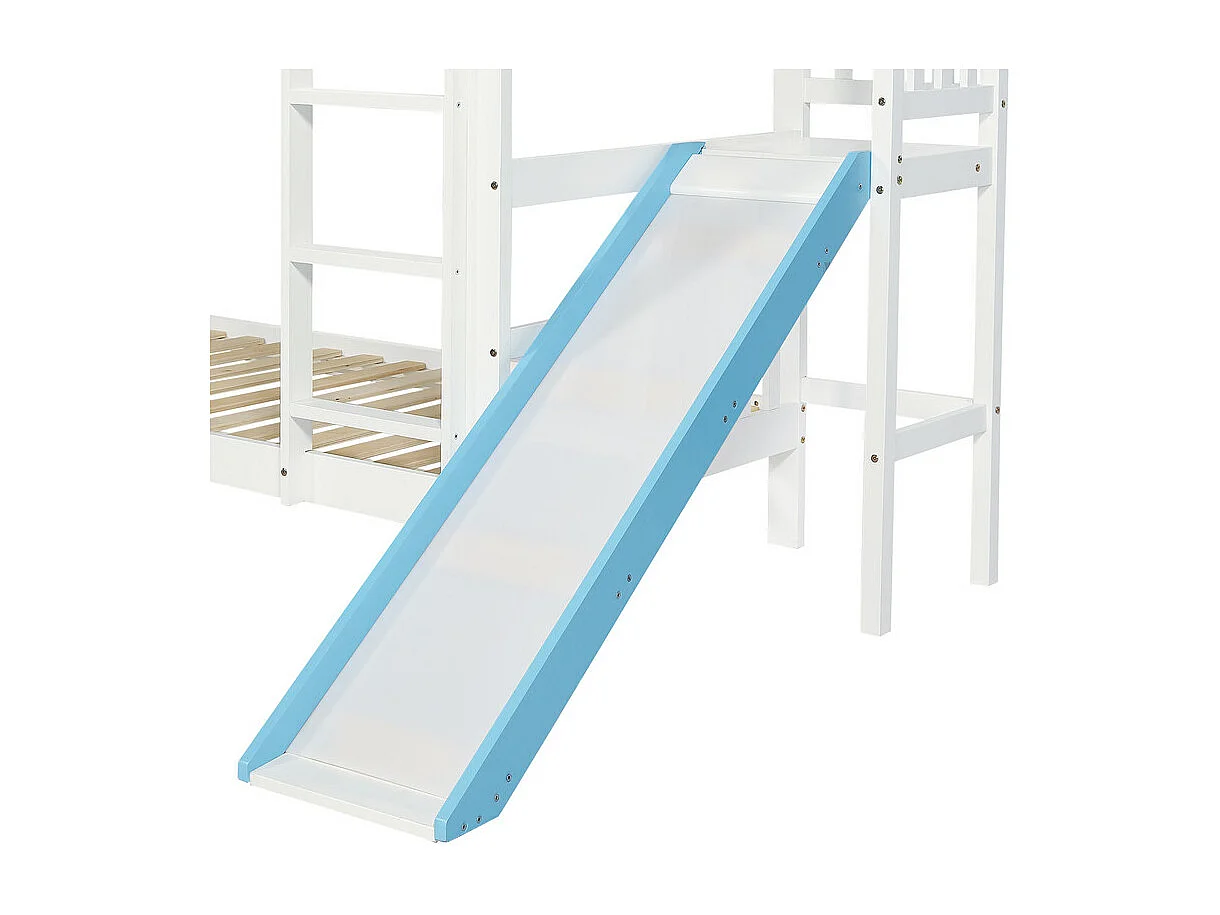Cabina letti a castello 2 x 90 x 190 cm - con tetto e finestra, griglia, scala, scivolo - Pino e MDF - Bianco + Blu