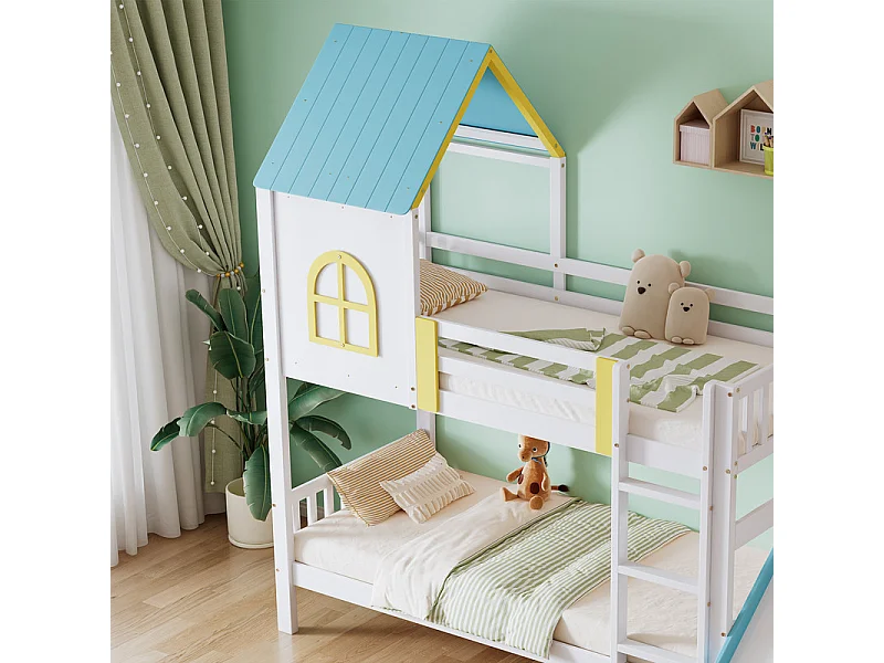 Cabina letti a castello 2 x 90 x 190 cm - con tetto e finestra, griglia, scala, scivolo - Pino e MDF - Bianco + Blu