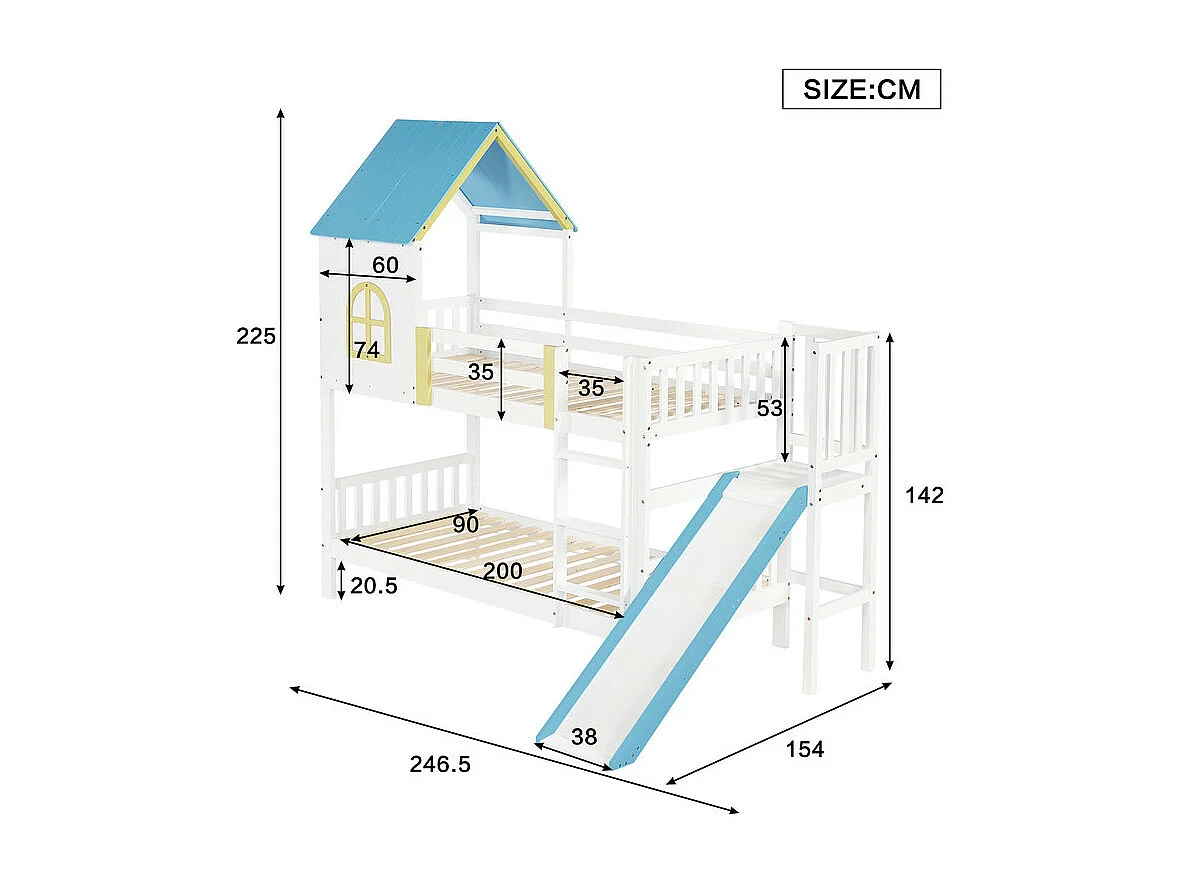 Lits superposés cabane 2 x 90 x 190 cm - avec toit et fenêtre, grille, escalier, toboggan - Pin et MDF - Blanc + Bleu