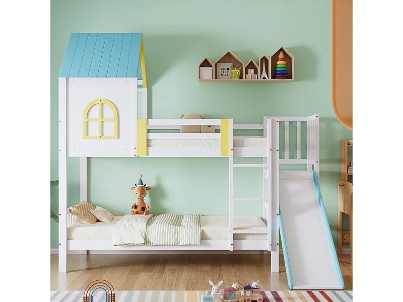 Lits superposés cabane 2 x 90 x 190 cm - avec toit et fenêtre, grille, escalier, toboggan - Pin et MDF - Blanc + Bleu