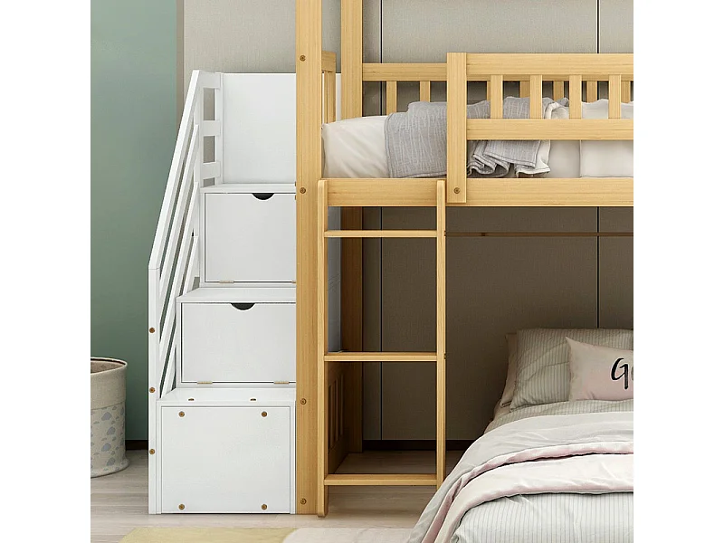 Überlagertes Bett, 2x90x200 cm Kinderhütte - mit Aufbewahrungstreppe - Rutsche - Abnehmbares unteres Bett - Weiß