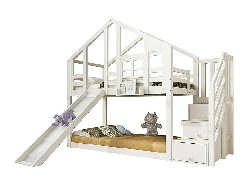 Bunkbed voor kinderen - met opbergtrap en schuif - Cabinebed 2 x 90 x 200 cm - Pin + MDF - Wit
