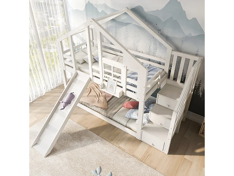 Letto a castello per bambini - con scala di stoccaggio e diapositiva - letto di cabina 2 x 90 x 200 cm - Pin + MDF - Bianco
