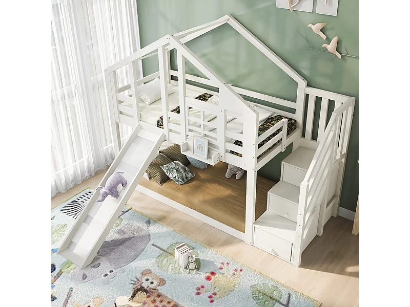 Letto a castello per bambini - con scala di stoccaggio e diapositiva - letto di cabina 2 x 90 x 200 cm - Pin + MDF - Bianco