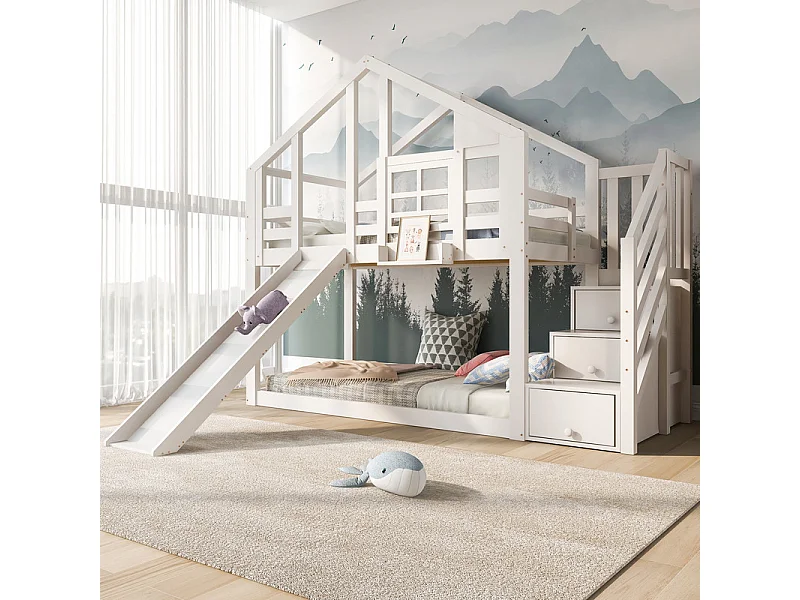 Letto a castello per bambini - con scala di stoccaggio e diapositiva - letto di cabina 2 x 90 x 200 cm - Pin + MDF - Bianco