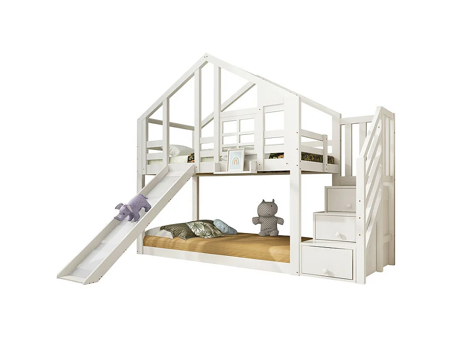 Lit superposé pour enfant - avec escalier de rangement et toboggan - lit cabane 2 x 90 x 200 cm - Pin + MDF - Blanc