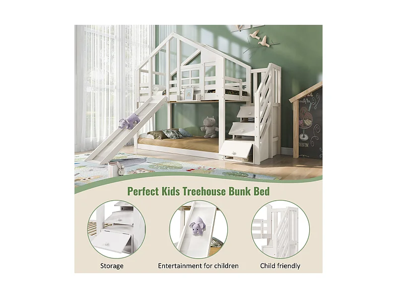 Lit superposé pour enfant - avec escalier de rangement et toboggan - lit cabane 2 x 90 x 200 cm - Pin + MDF - Blanc