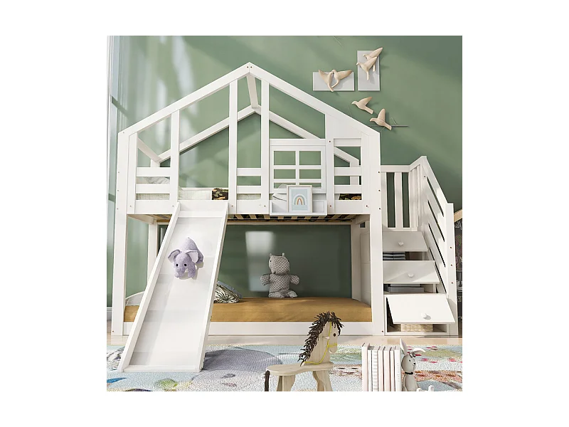 Lit superposé pour enfant - avec escalier de rangement et toboggan - lit cabane 2 x 90 x 200 cm - Pin + MDF - Blanc