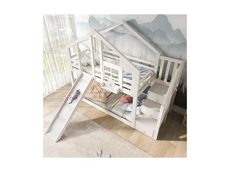 Lit superposé pour enfant - avec escalier de rangement et toboggan - lit cabane 2 x 90 x 200 cm - Pin + MDF - Blanc