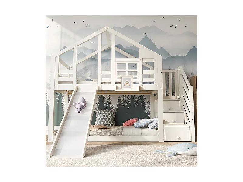 Lit superposé pour enfant - avec escalier de rangement et toboggan - lit cabane 2 x 90 x 200 cm - Pin + MDF - Blanc