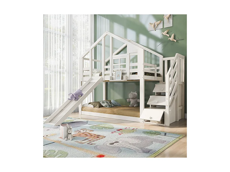 Lit superposé pour enfant - avec escalier de rangement et toboggan - lit cabane 2 x 90 x 200 cm - Pin + MDF - Blanc