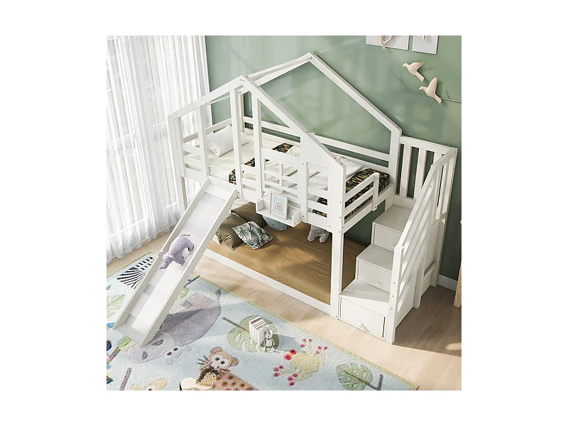 Lit superposé pour enfant - avec escalier de rangement et toboggan - lit cabane 2 x 90 x 200 cm - Pin + MDF - Blanc