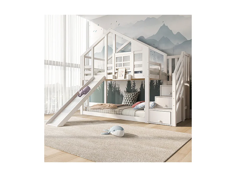 Lit superposé pour enfant - avec escalier de rangement et toboggan - lit cabane 2 x 90 x 200 cm - Pin + MDF - Blanc
