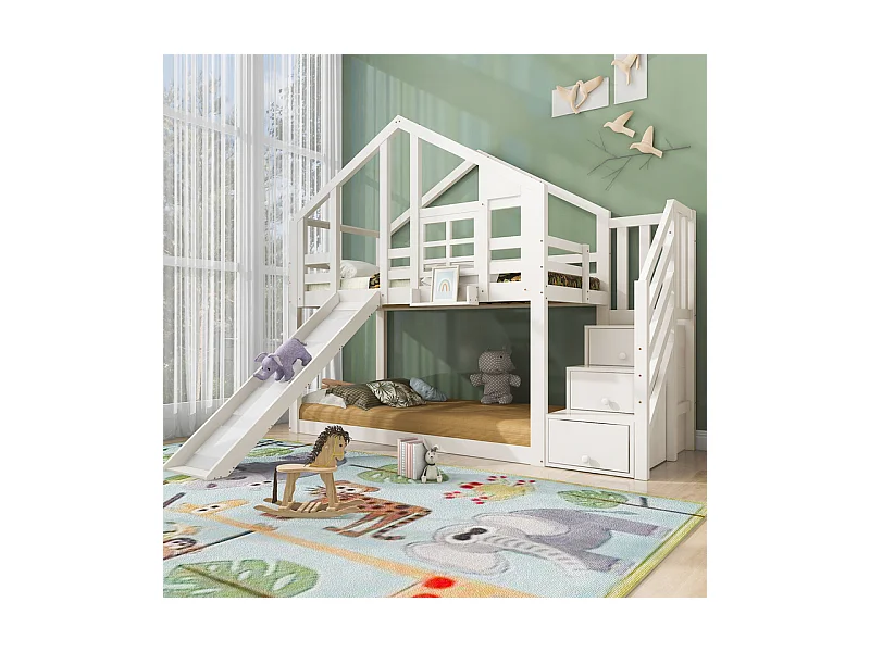 Lit superposé pour enfant - avec escalier de rangement et toboggan - lit cabane 2 x 90 x 200 cm - Pin + MDF - Blanc