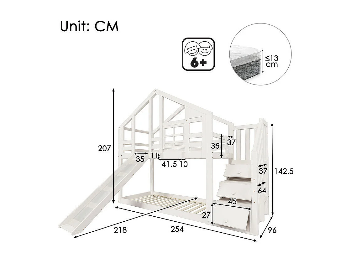 Lit superposé pour enfant - avec escalier de rangement et toboggan - lit cabane 2 x 90 x 200 cm - Pin + MDF - Blanc
