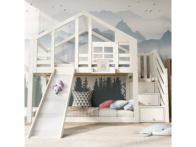 Lit Cabane Enfant 90x200 Cm Avec Toboggan Et Escalier - Lit Superposé Multifonction En Bois Massif, Rangements Et Porte Magnétique