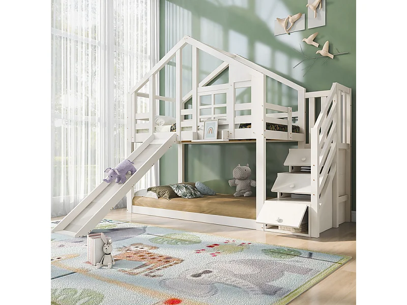 Lit superposé pour enfant - avec escalier de rangement et toboggan - lit cabane 2 x 90 x 200 cm - Pin + MDF - Blanc