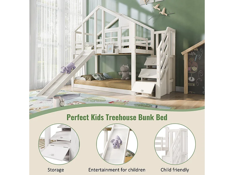 Lit superposé pour enfant - avec escalier de rangement et toboggan - lit cabane 2 x 90 x 200 cm - Pin + MDF - Blanc