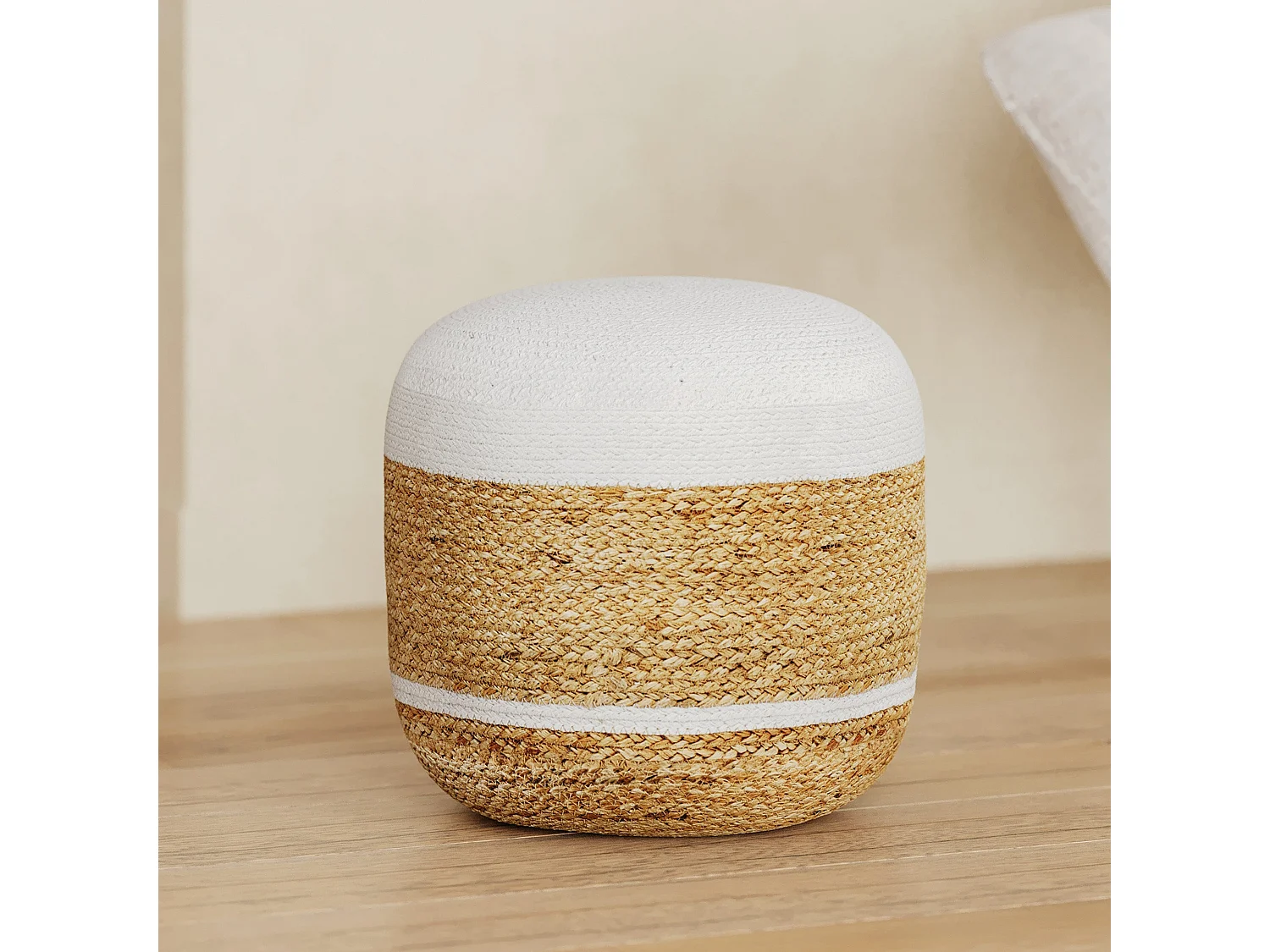 Pouf rond en jute et blanc D40 cm - Billy