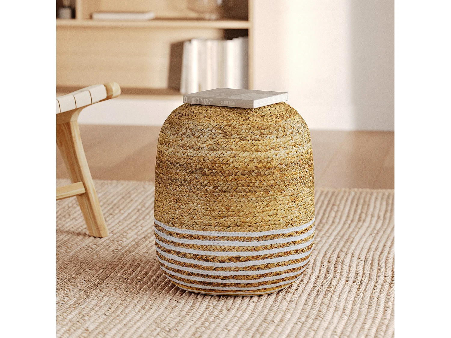 Pouf rotondo in juta, sottili righe bianche D40 cm - Billy