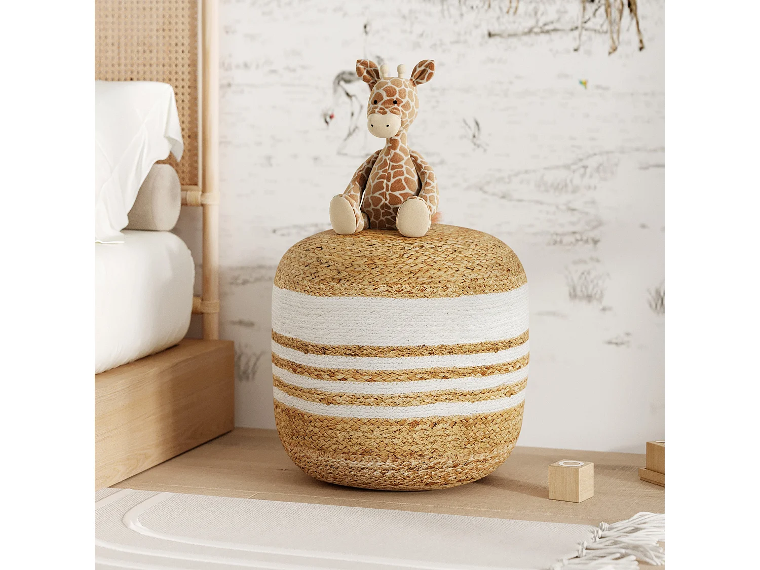 Pouf rond rayé en jute et blanc D40 cm - Billy