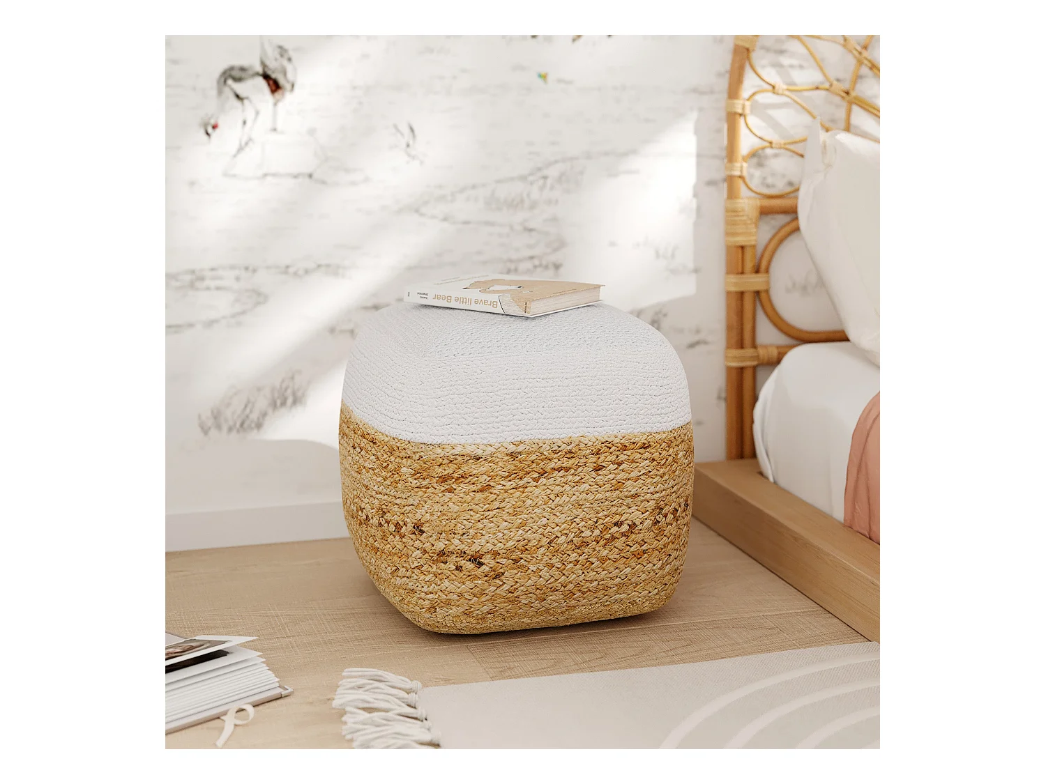 Puf de yute beige y blanco D40 cm - Billy