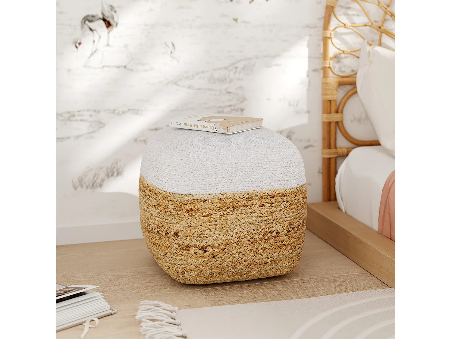 Pouf en jute beige et blanc D40 cm - Billy