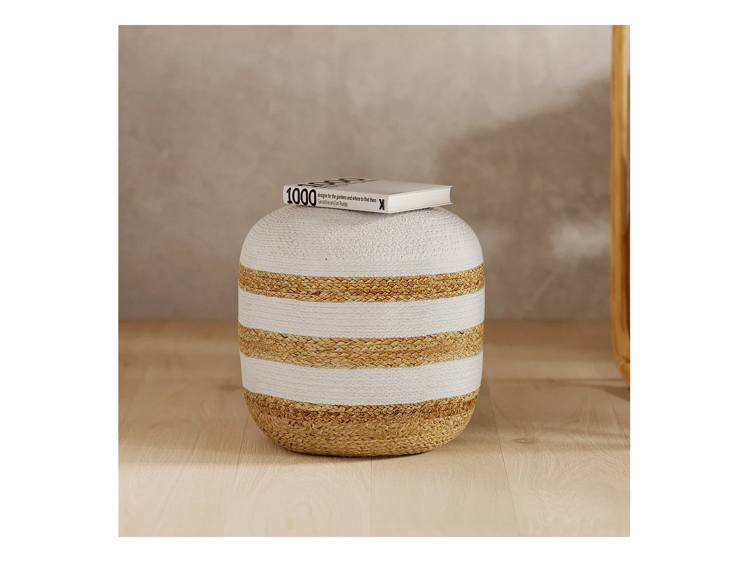 Puf redondo de yute, rayas blancas D40 cm - Billy