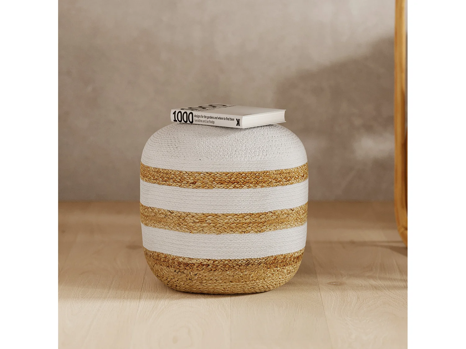 Pouf rond en jute, rayures blanches D40 cm - Billy